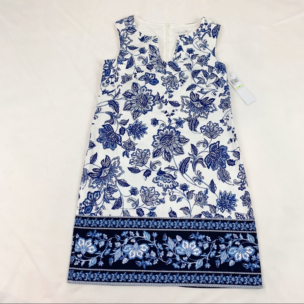 London Times New Women's flower border V neck shift dress blue white size 2